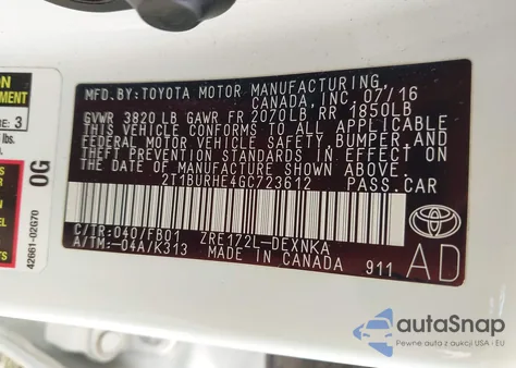 2016 Toyota Corolla L/Le/Le Pls/Prm/S/S Pls z USA, uszkodzony, nr VIN 2T1BURHE4GC723612